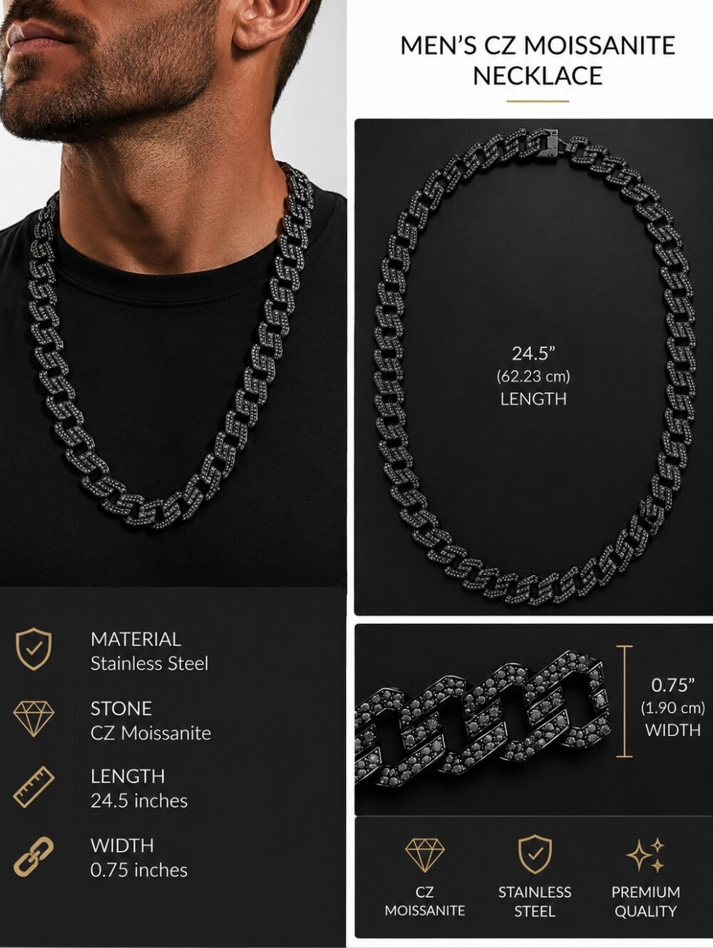 Men's Black CZ Moissanite Cuban Link Chain Necklace 24.5" Stainless Steel